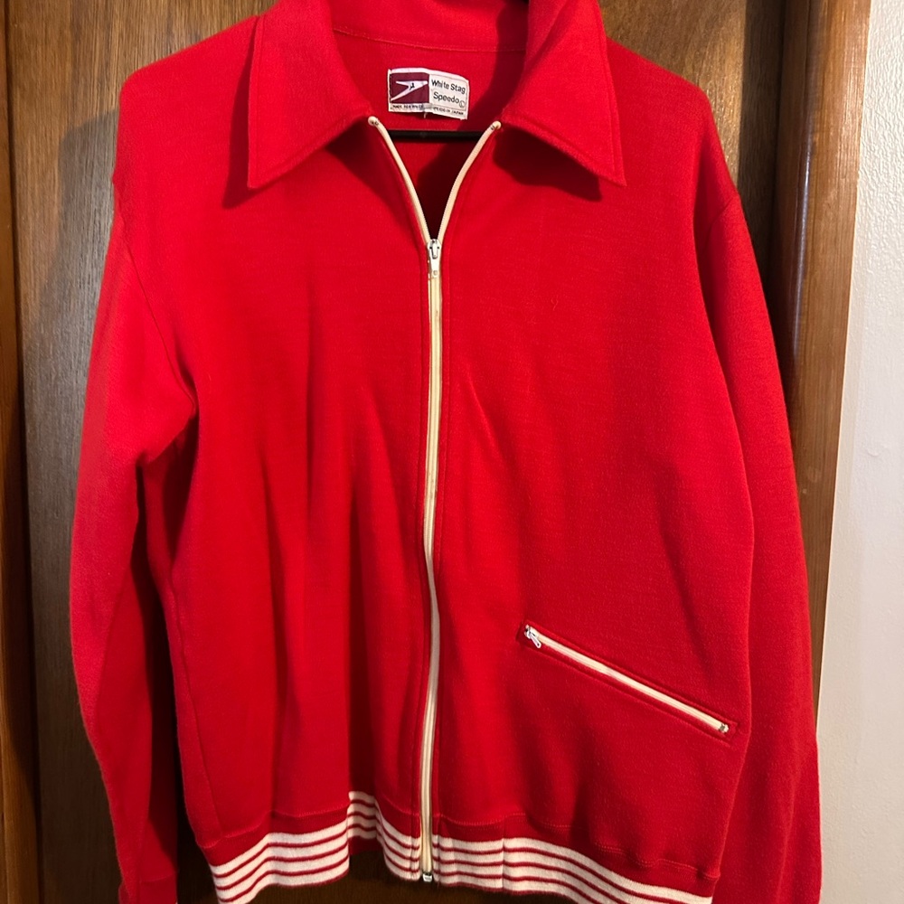 White Stag Red and White Bomber Jacket with Striped Cuffs